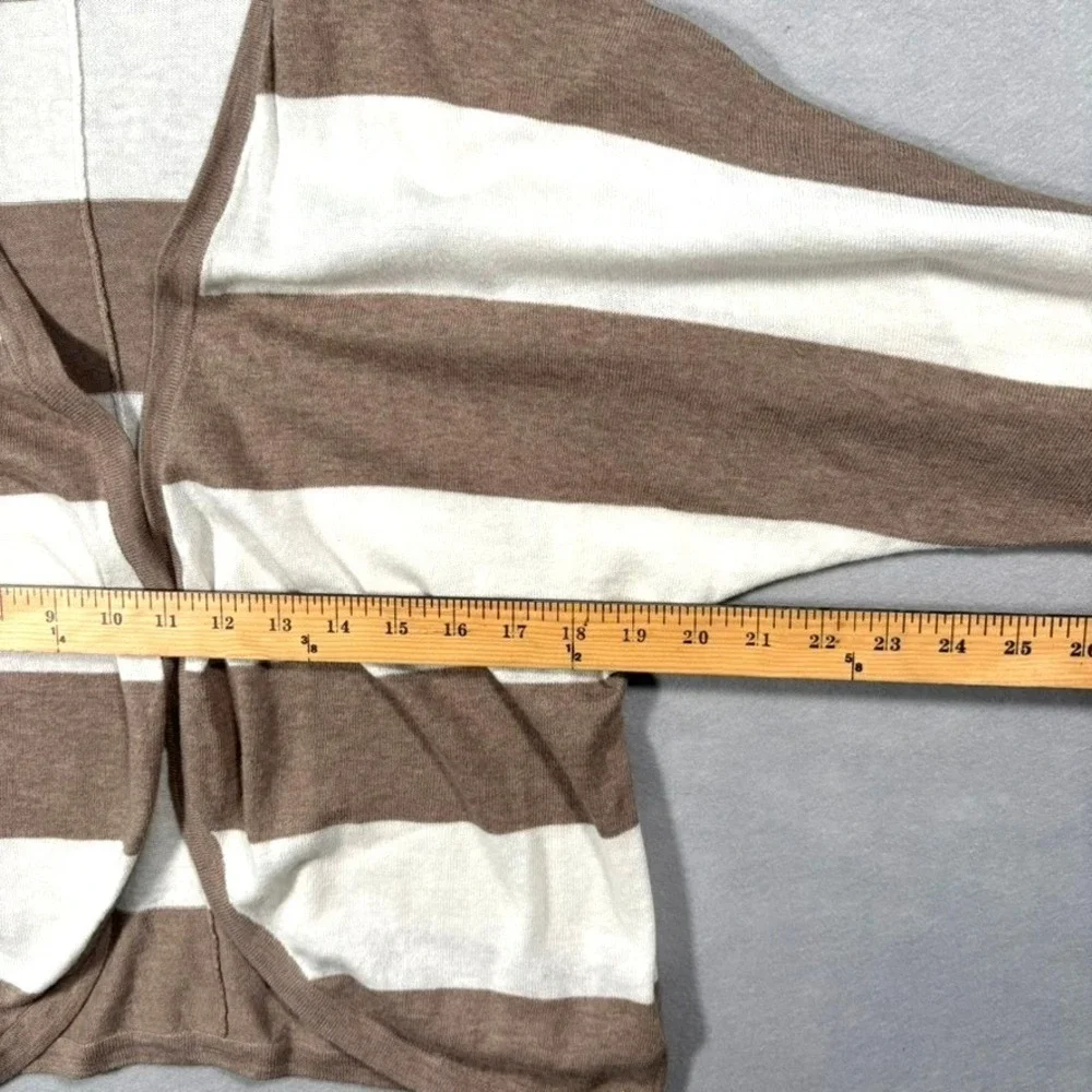 Forever‎ 21 Striped Cardigan Large Tan White Open Front Neutral Coastal Minimal